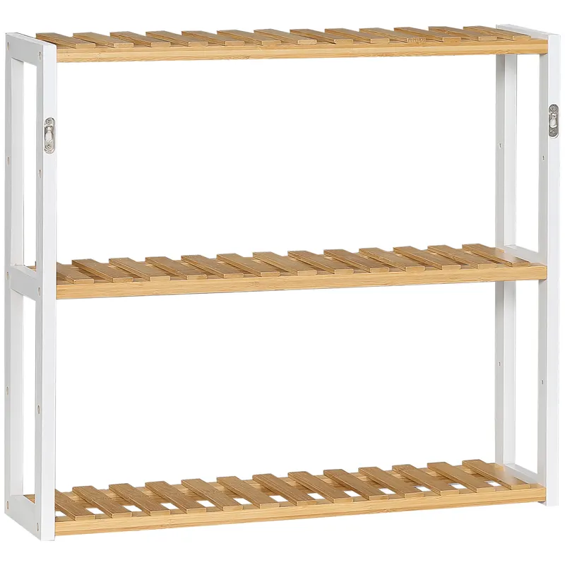 HOMCOM Raft de perete din bambus cu 3 polițe flotante pentru living, dormitor, bucătărie 60x15x54 cm natural și alb | Romania