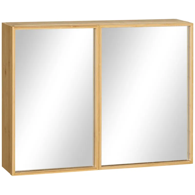 Kleankin Oglindă de Baie din Bambus, cu 3 Rafturi și 2 Uși, Design Natural, 65.2x14x50 cm | Romania