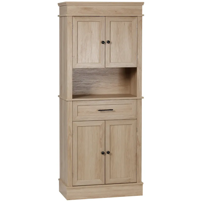 HOMCOM Bucătărie cu finisaj de stejar deschis, bufet de bucătărie cu rafturi ajustabile, sertar și nișă, pentru sala de mese, living, 74 x 39,5 x 183 cm, stejar deschis | Romania