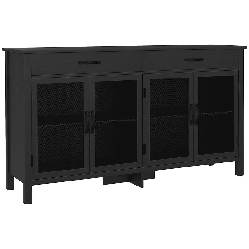 HOMCOM Bufet jos mobilier de depozitare 4 uși cu polițe reglabile și 2 sertare stil industrial 150 x 40 x 85 cm negru | Romania