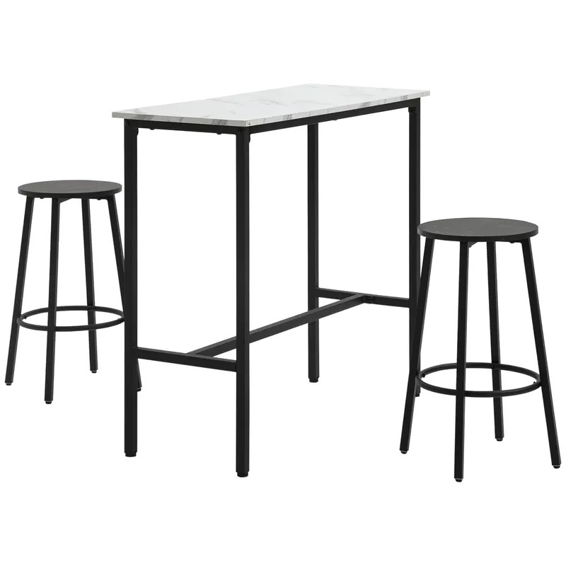 HOMCOM Set de bar pentru 2 persoane, 1 masă cu 2 scaune de bar, placă de masă în aspect de marmură albă, cadru din oțel | Romania