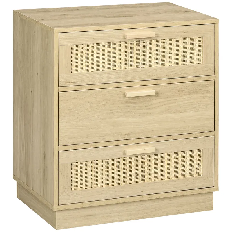 HOMCOM Comoda design boem din ratan cu 3 sertare, mobilier de depozitare pentru living, hol, intrare, lemn natural | Romania