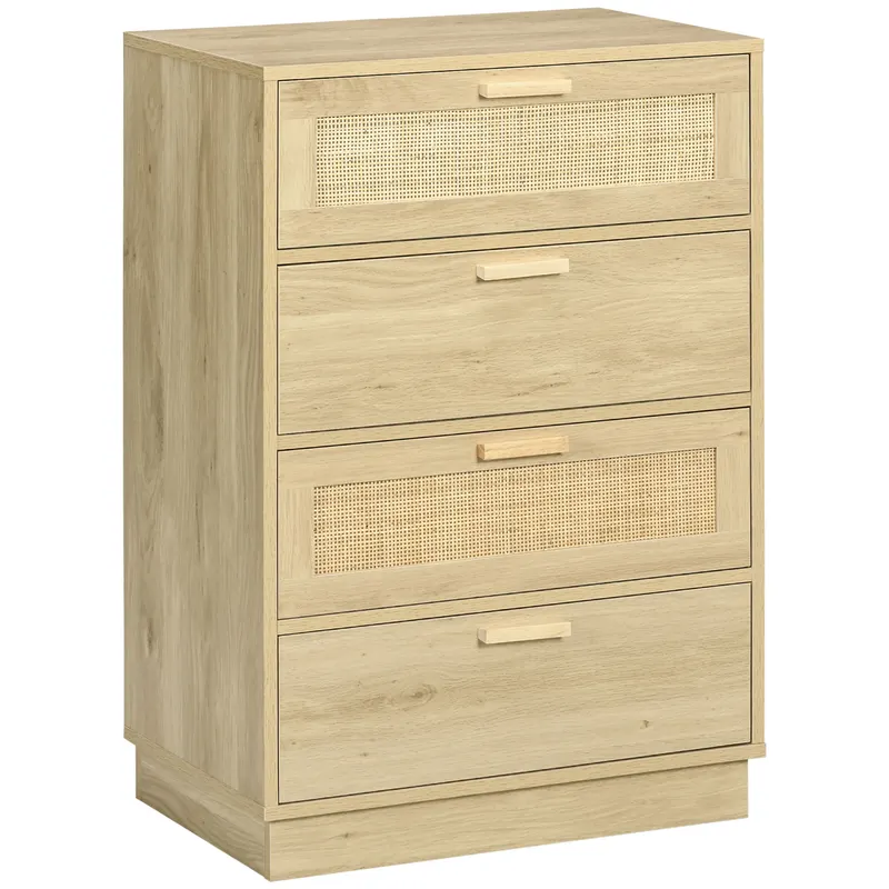 HOMCOM Comoda design boem din ratan cu 4 sertare, mobilier de depozitare pentru living, hol, intrare, lemn natural | Romania