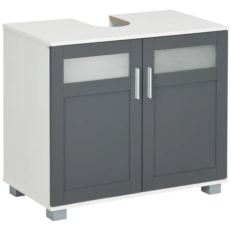 kleankin Dulap pentru sub lavoar Dulap de baie sub lavoar cu 2 uși din sticlă securizată 69x35x59 cm Alb și Gri | Romania