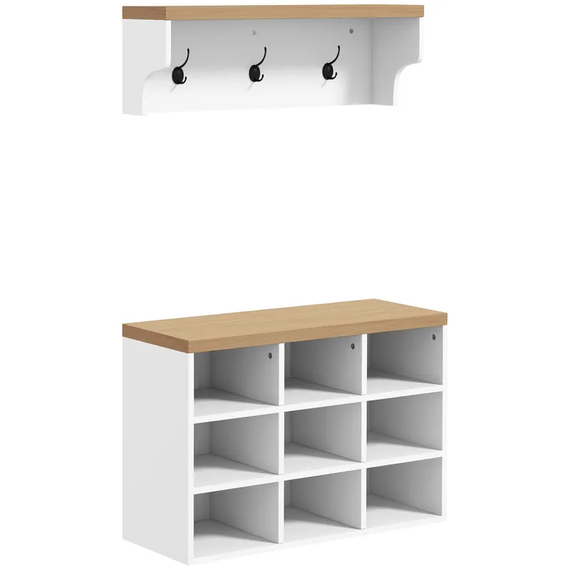 HOMCOM Set mobilier pentru hol 2-în-1 cuier de perete băncuță pentru încălțăminte 3 cârlige și 9 nișe 75x30x50cm alb și stejar | Romania