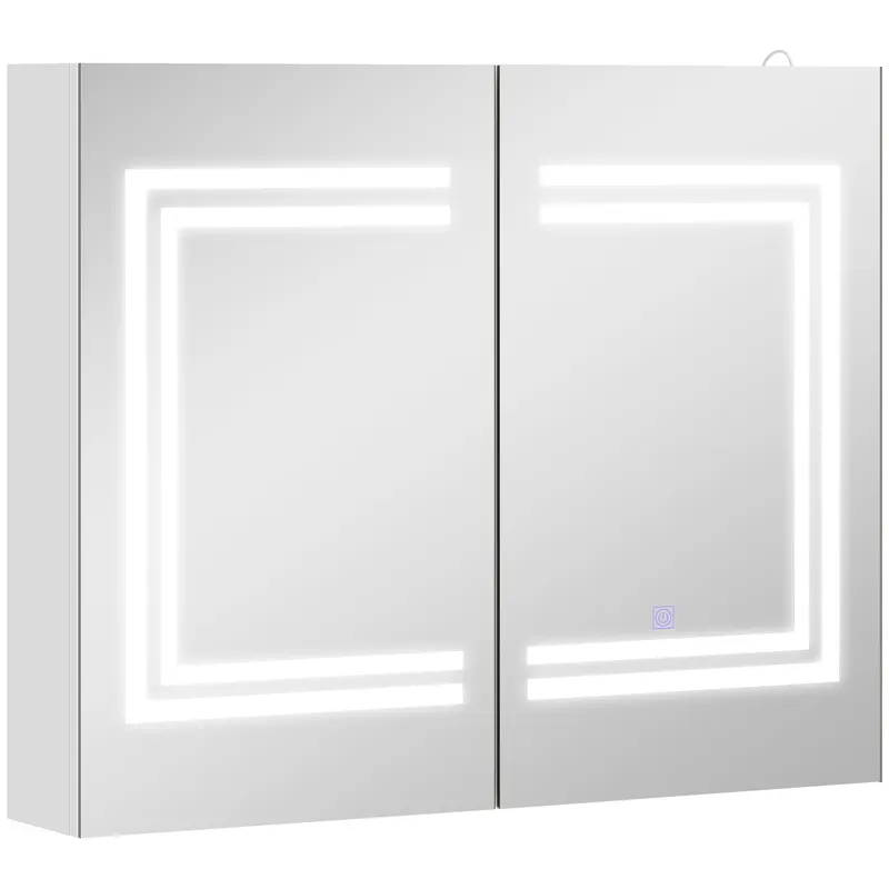 kleankin Oglindă Baie cu Dulap și LED, 80 x 65cm, Ușă Soft Close, Reglabilă pe 3 Culori, Rafturi Ajustabile, Alb Lucios | Romania