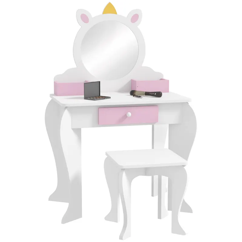 ZONEKIZ Set de Toaletă pentru Fete cu Taburet și Oglindă, Design Unicorn | Romania