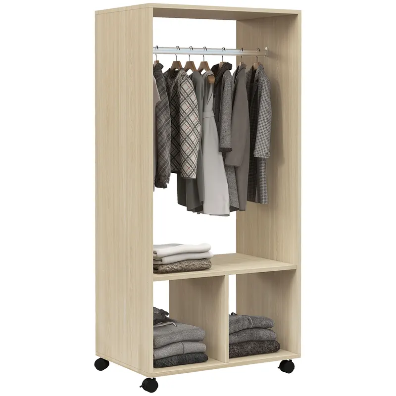 HOMCOM Dulap dressing cu rafturi 2 compartimente cu 4 rotile pivotante dim. 60L x 40l x 128H cm lemn natural | Romania