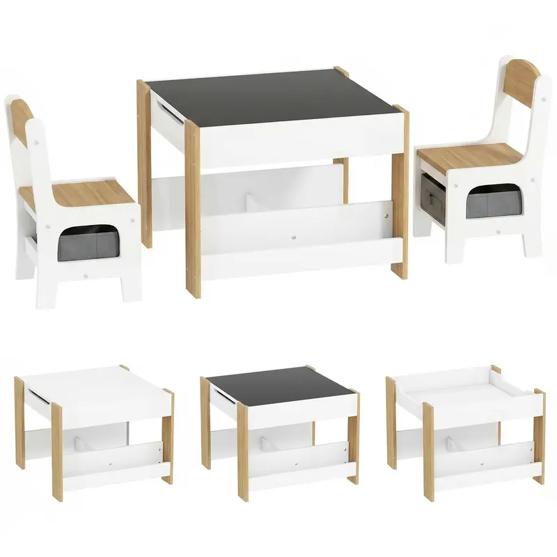 HOMCOM Set masă copii 3 în 1 cu 2 scaune, tablă detașabilă, bibliotecă și cutii textile, natur, 3-8 ani | Romania