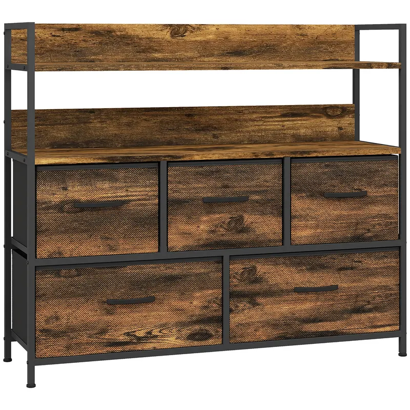 HOMCOM Comodă, mobilier de depozitare, 5 sertare din material textil pliabile și detașabile și rafturi, 98 x 29 x 85 cm, maro rustic | Romania