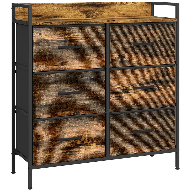 HOMCOM Comodă, corp de depozitare pentru dormitor 6 sertare țesătură nețesută cadru din oțel, 79 x 29 x 85 cm, efect lemn mahon | Romania