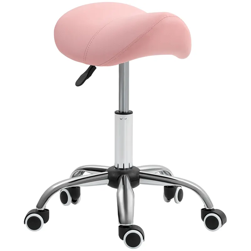 HOMCOM Taburet pe roți, scaun de lucru cu înălțime reglabilă 49-61 cm și șa ergonomică, 52x53x49-61cm, roz | Romania