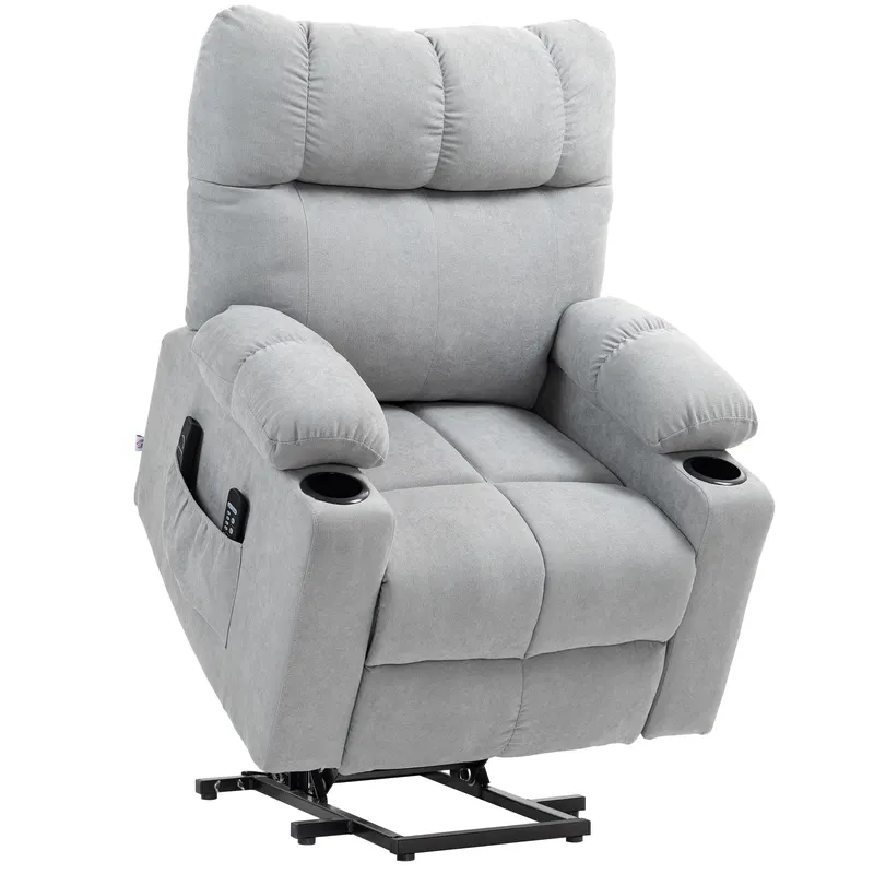 HOMCOM Fotoliu pentru seniori cu funcție de ridicare, funcție de culcare, incl. telecomandă, 144 cm x 91 cm x 88 cm, Gri deschis | Romania