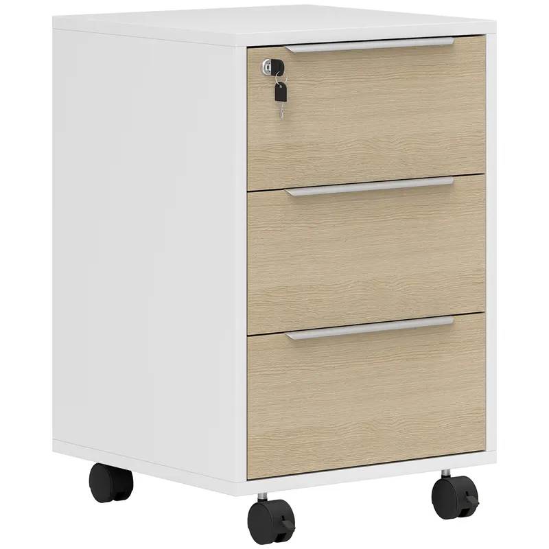 HOMCOM Dulap de Birou cu 3 Sertare, 4 Roți, Comodă de Birou cu Sistem de Blocare și 2 Chei pentru Documente Format A4, Dulap Vertical pentru Studiu, 40x40x63.5 cm, Alb și Stejar | Romania