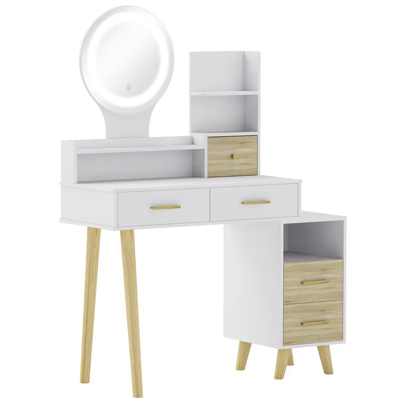 HOMCOM Masă de toaletă cu oglindă și lumini LED reglabile cu 5 sertare 4 compartimente și 1 poliță 100x44x137 cm Alb și Natural | Romania