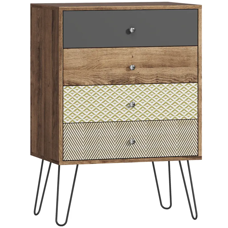 HOMCOM Comodă cu 4 sertare Picioare tip furcă din oțel Stil boem 60x39x86 cm Multicolor | Romania
