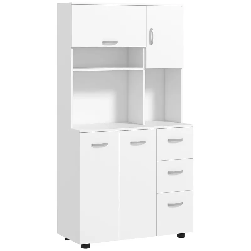 HOMCOM Dulap de bucătărie cu multiple spații 4 uși 3 sertare etajeră + blat mare 89L x 39,5l x 168H cm alb | Romania