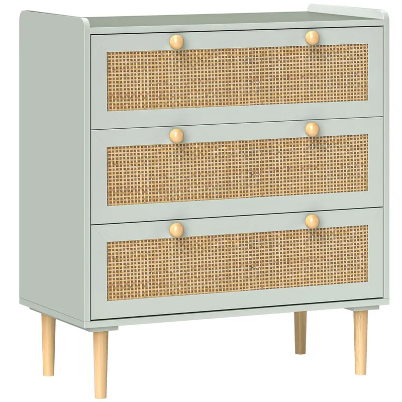 HOMCOM Comodă design boho din ratan cu 3 sertare, mobilier de depozitare pentru living, hol, intrare, verde măsliniu | Romania