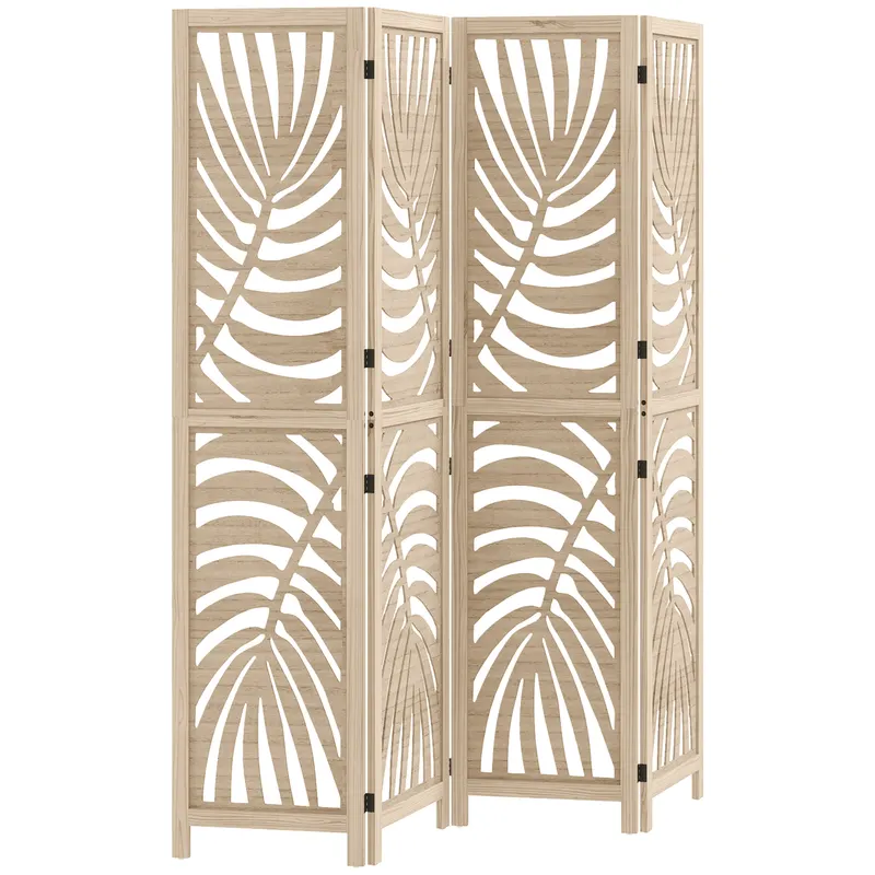 HOMCOM Paravan interior din lemn 4 panouri 160 x 170 cm, pliabil și portabil, model frunză, design detașabil, lemn natural | Romania