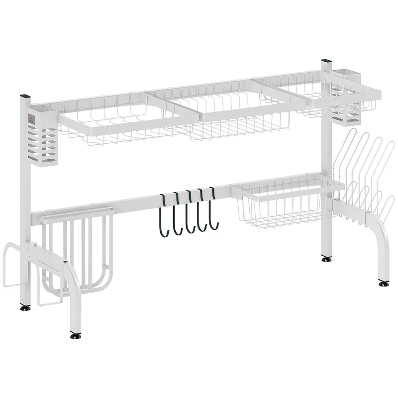 HOMCOM Scurgător din oțel cu 2 niveluri pentru chiuvetă, cu suport pentru tocător și tacâmuri, 100x30x54,5cm, alb | Romania