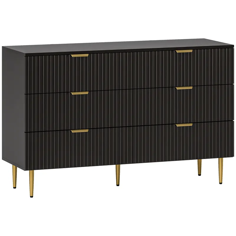 HOMCOM Comodă 6 sertare comodă dormitor mobilier de depozitare modern cu mânere și picioare aurii, 120 x 40 x 76,5 cm, negru | Romania