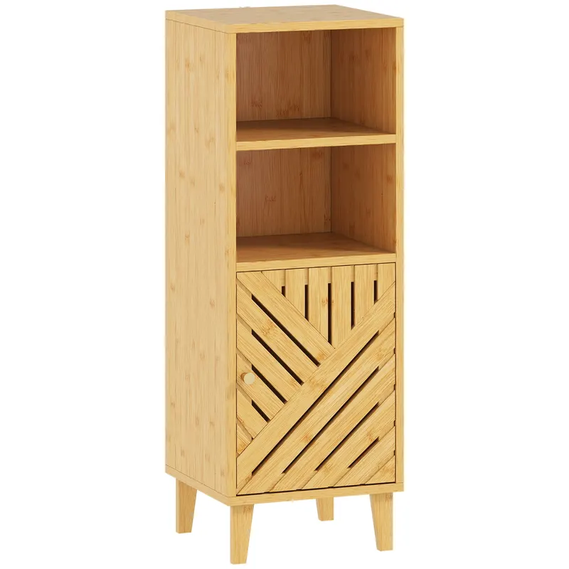 HOMCOM Dulap de baie, corp de depozitare cu 1 dulap, 2 compartimente deschise, 32 x 30 x 90 cm, efect lemn natural | Romania