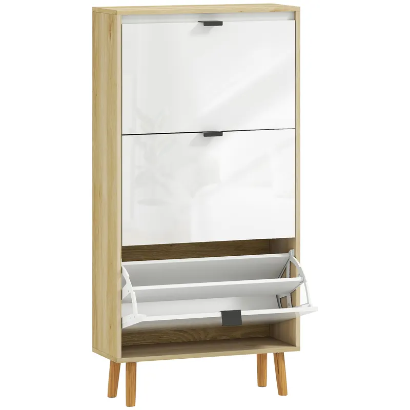 HOMCOM Dulap pentru pantofi, dulap îngust pentru pantofi, 3 sertare rabatabile, ușă înaltă lucioasă, 60x24x127cm, alb | Romania