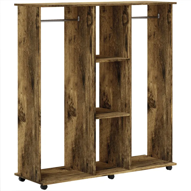 HOMCOM Dulap cu bară de umeraș mobilier de depozitare mobil 6 roți 120 x 40 x 128 cm din lemn maro | Romania