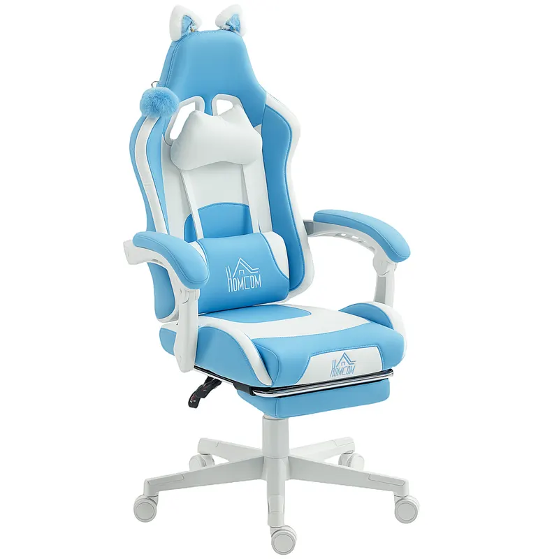 HOMCOM Scaun de gaming reclinabil cu suport pentru picioare și perne, 65x62x124 cm, alb și albastru | Romania