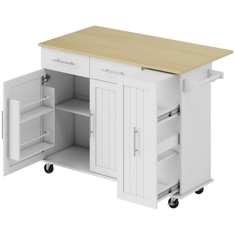 Insula de Bucătărie HOMCOM cu 5 Roți și Suport pentru Prosoape, 2 Sertare, 4 Rafturi și Dulap, din Lemn, 129x65x91 cm | Romania