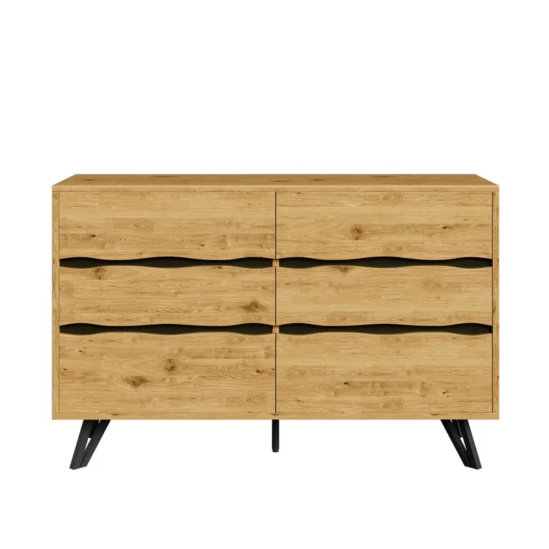 Comodă cu 6 sertare, picioare metalice, mult spațiu de depozitare, 120x40x75,5 cm, Culoare naturală