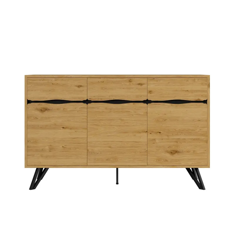 Comodă cu 3 uși, picioare metalice, mult spațiu de depozitare, 140x40x75,5 cm, Culoare naturală