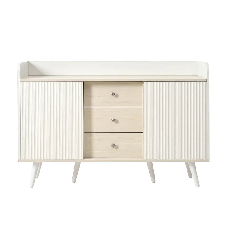 Comodă cu 3 sertare, uși glisante în dungi, 117,5x39,5x79 cm, Alb
