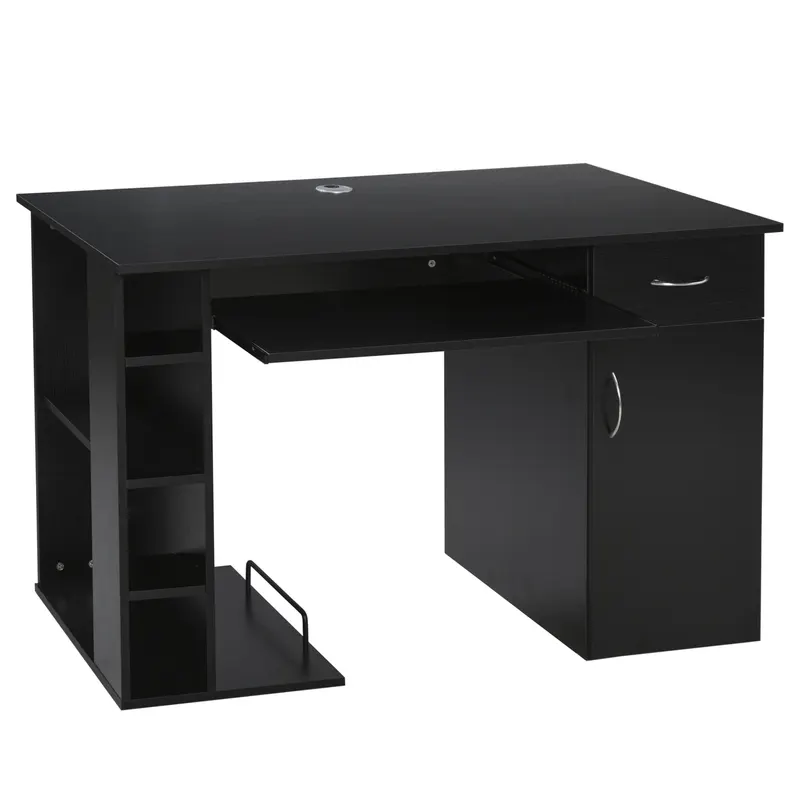 HOMCOM Masa de birou pentru PC Ergonomica cu Rafturi si Spatiu Tastatura Detasabila Neagra