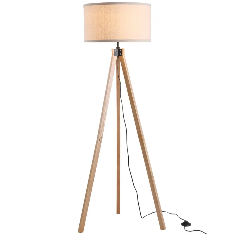 HOMCOM Modern Design Three Legged Floor Lamp Vertical Decoration Lamp, Bedroom and Office, Beige Lampshade HOMCOM Lampada da terra treppiede in legno con lampadine E27 moderno per camera ufficio paralume beige Ф45 x 152cm