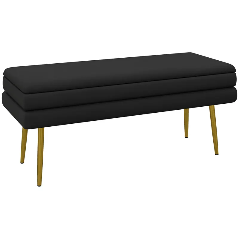 HOMCOM Bancă bancuță cutie de depozitare 2 în 1 cu șezut din catifea și picioare de oțel - 100 x 37,5 x 42 cm, negru și auriu | Romania