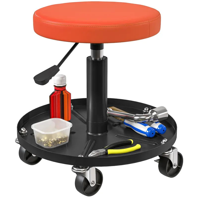 HOMCOM Taburet de atelier cu 5 roți pivotante 360°, înălțime reglabilă 38-50 cm, cu tavă, 38 x 38 x 38-50 cm, portocaliu | Romania