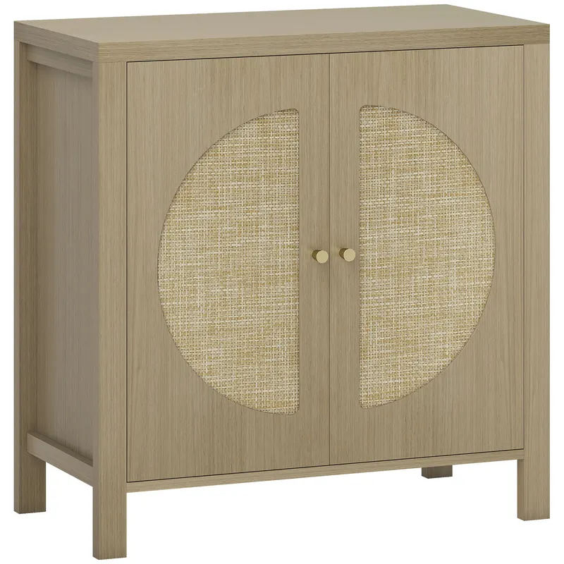 HOMCOM Bufet de bucătărie, mobilier de depozitare cu 2 uși cu efect ratan și raft reglabil, 75 x 38 x 77 cm, lemn natural | Romania