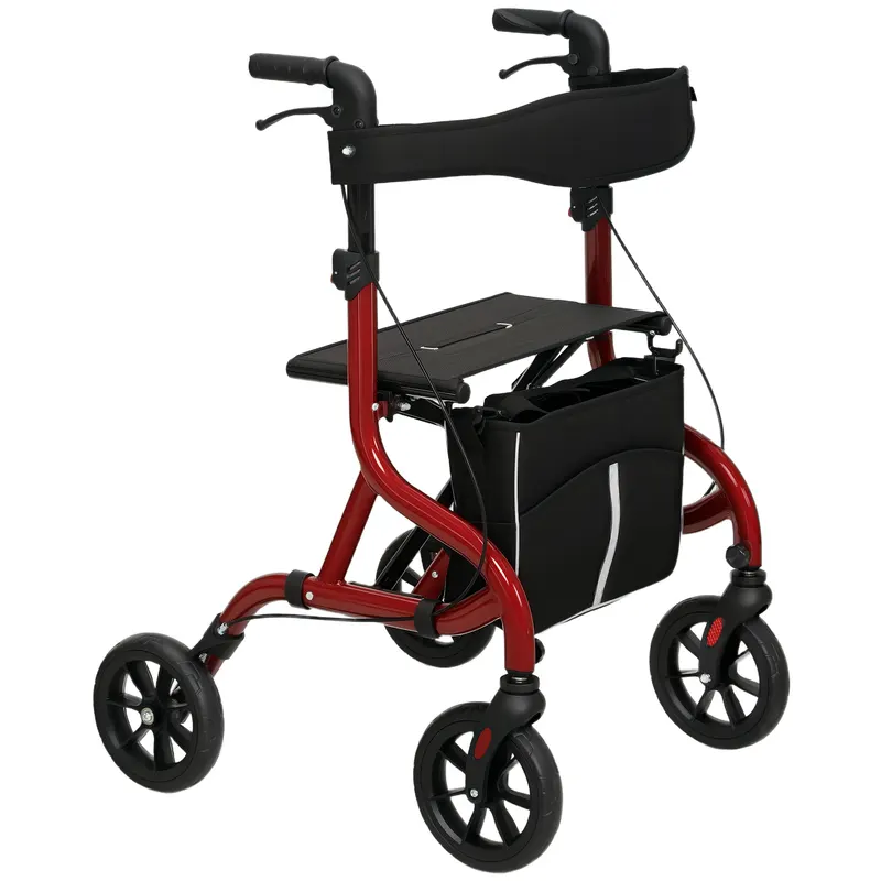 HOMCOM Deambulator cu Scaun și Spătar pentru Vârstnici Pliabil, Reglabil pe Înălțime, Suport pentru Baston, Roșu | Romania