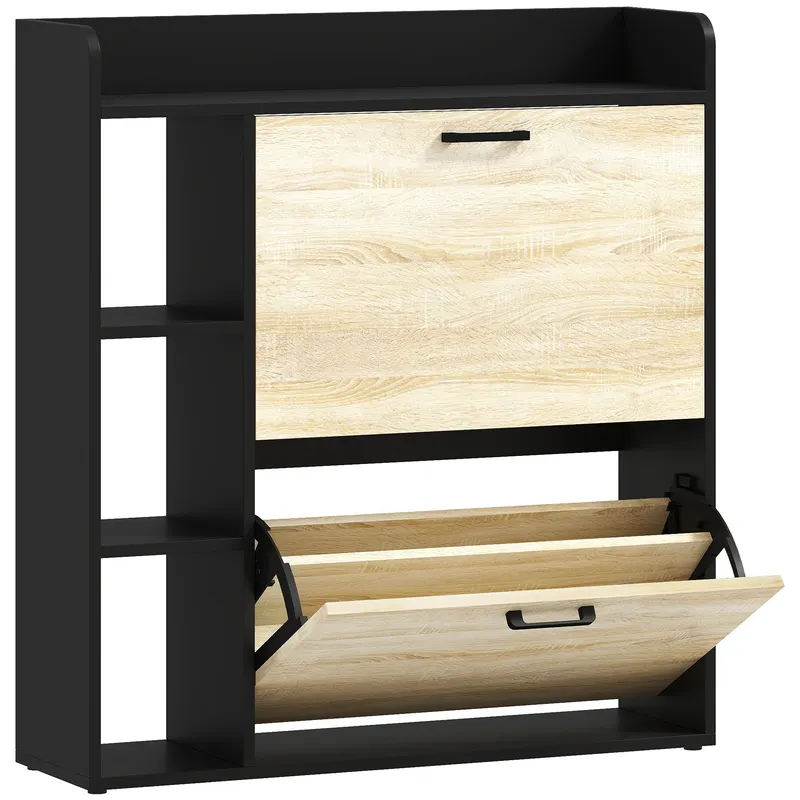HOMCOM Dulap pentru pantofi slim cu 2 sertare și 3 compartimente deschise, Capacitate 15 perechi, 83x24x90.5 cm, Negru | Romania