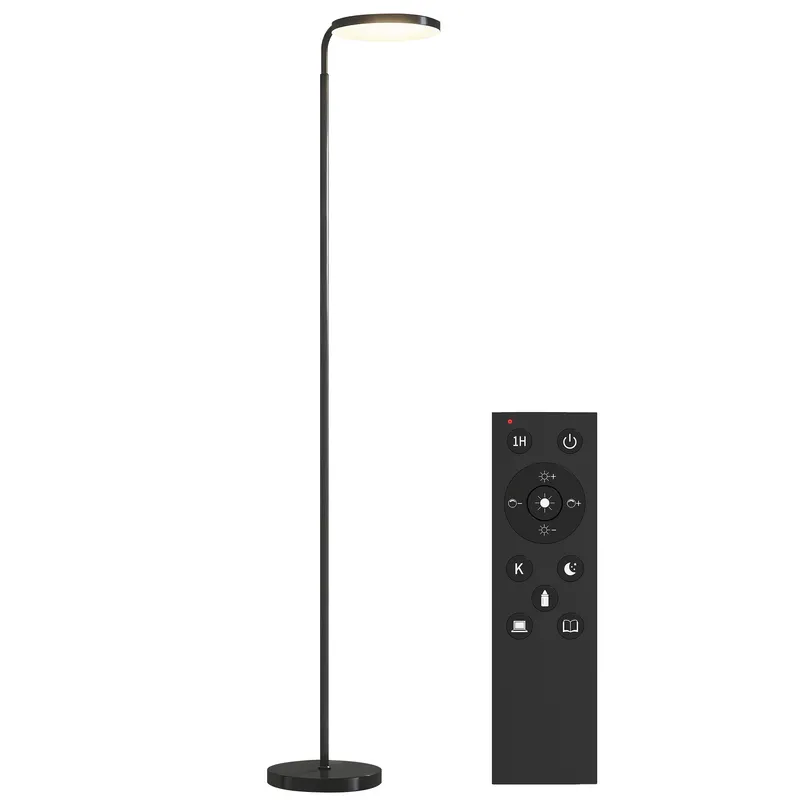 HOMCOM Lampă de Podea LED cu Cap Rotativ la 350° și Telecomandă Magnetică, Reglaj Continuu 3000K-6500K, Negru | Romania