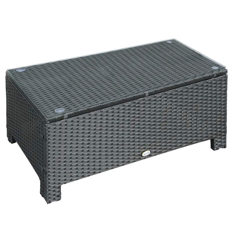 Outsunny Mobilier pentru Terasă, Măsuță de Cafea din Răchită, Rezistentă la Apă, cu Blat din Sticlă Securizată, 86x50x39cm, Negru | Romania