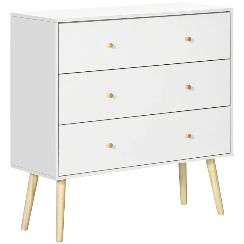 Comoda cu 3 sertare cu manere din PAL si lemn de pin pentru camera de zi si dormitor, 80x30x80 cm, alb HOMCOM | Romania