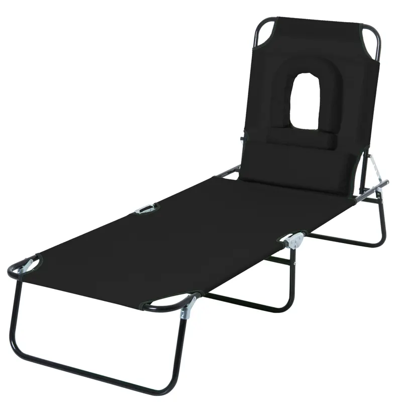 Sezlong Pliabil Outsunny cu Orificiu pentru Fata si Perne, pentru Gradina, Plaja si Camping, Negru | Romania