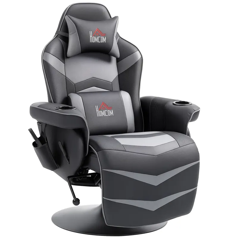 HOMCOM Fotoliu de gaming, funcție de masaj, spătar reglabil, suport pentru picioare, până la 120 kg, cadru din oțel, piele ecologică, Gri | Romania