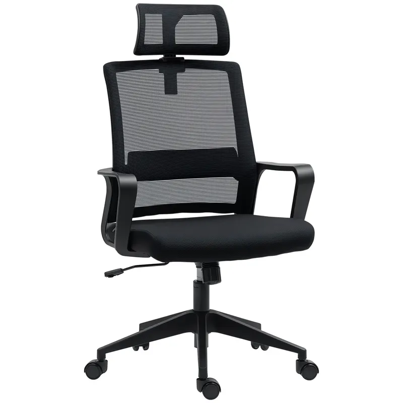 HOMCOM Scaun de Birou Ergonomic cu Tetieră, Înălțime Reglabilă și Funcție de Balansare, 60x64x102-112 cm, Negru | Romania