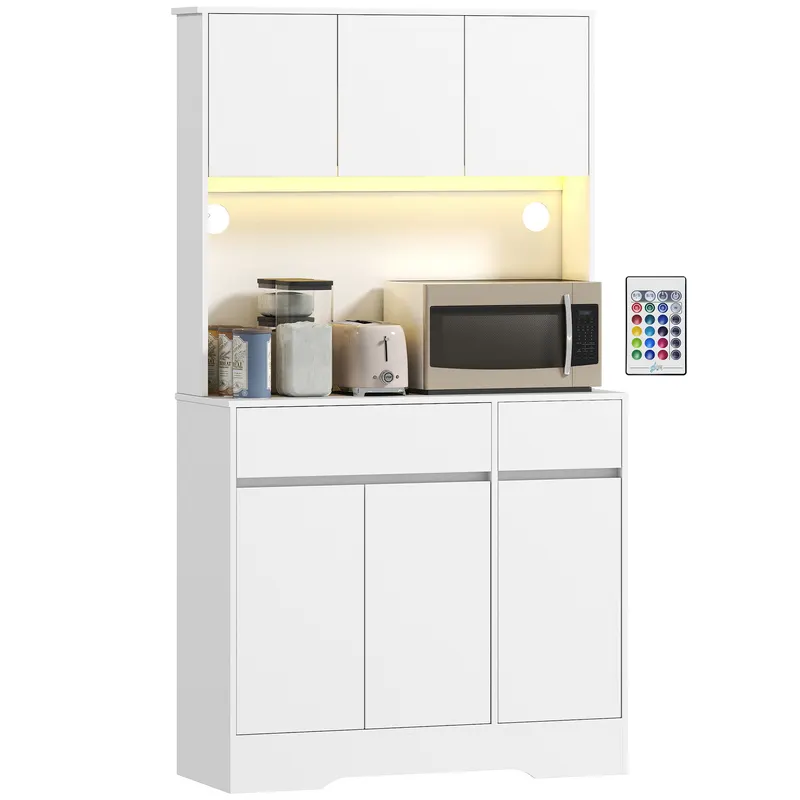 HOMCOM Bufet de bucătărie mobilier de bucătărie înălțat cu lumină LED RGB, blat de lucru, 6 uși, 2 sertare, alb | Romania