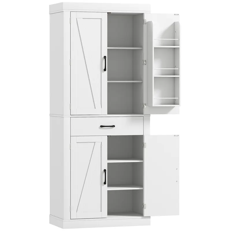 HOMCOM Dulap de bucătărie în stil country cu 2 dulapuri, 6 rafturi și un sertar, din lemn, 76x39,5x183,5 cm, alb | Romania