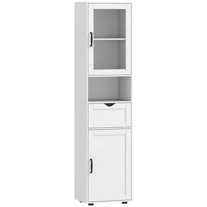 HOMCOM Mobilier de Baie Slim cu Dulapuri și Ușă din Sticlă, Mobilier Economizitor de Spațiu cu Raft Deschis, Sertar și Rafturi Ajustabile, Coloană Modernă, 40x30x165 cm, Alb | Romania