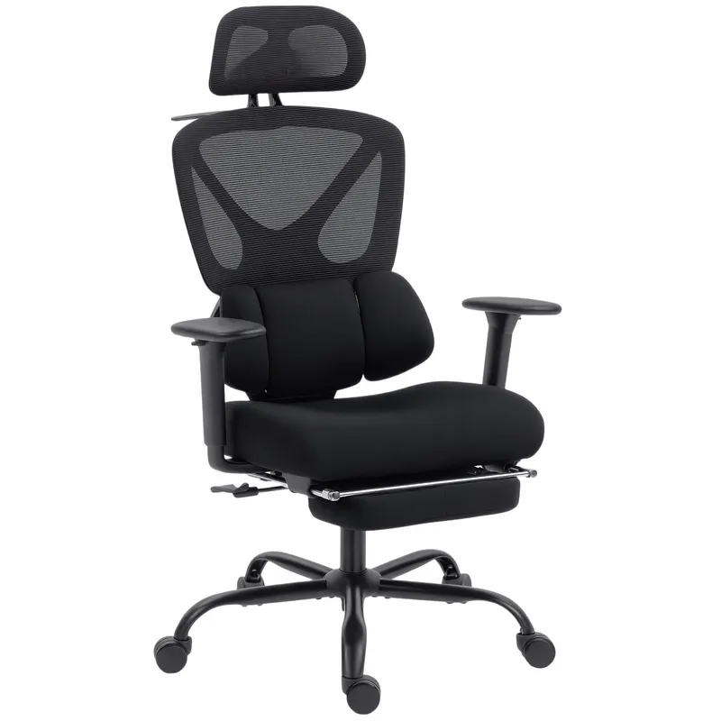 HOMCOM Scaun de birou ergonomic, cu suport lombar dinamic și suport pentru picioare, 73x75x120-128 cm, negru | Romania